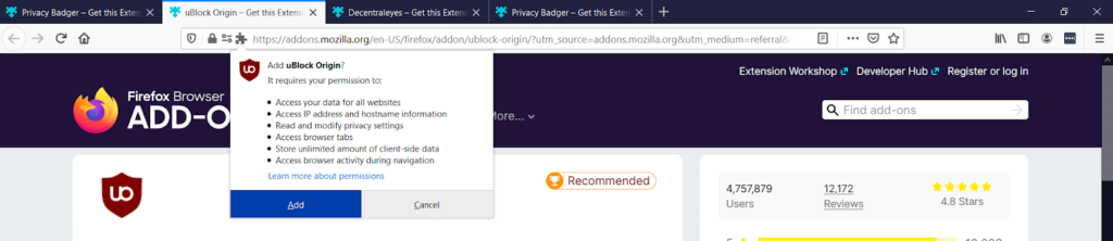 Firefox扩展的权限弹出框